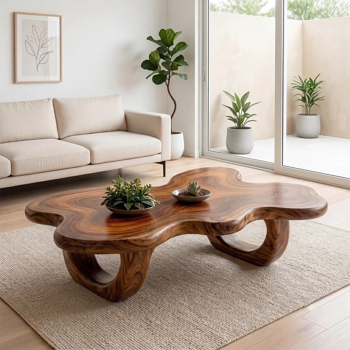 Modern Organic Wood Coffee Table with Freeform Top & Sculptural Base TT006-8349