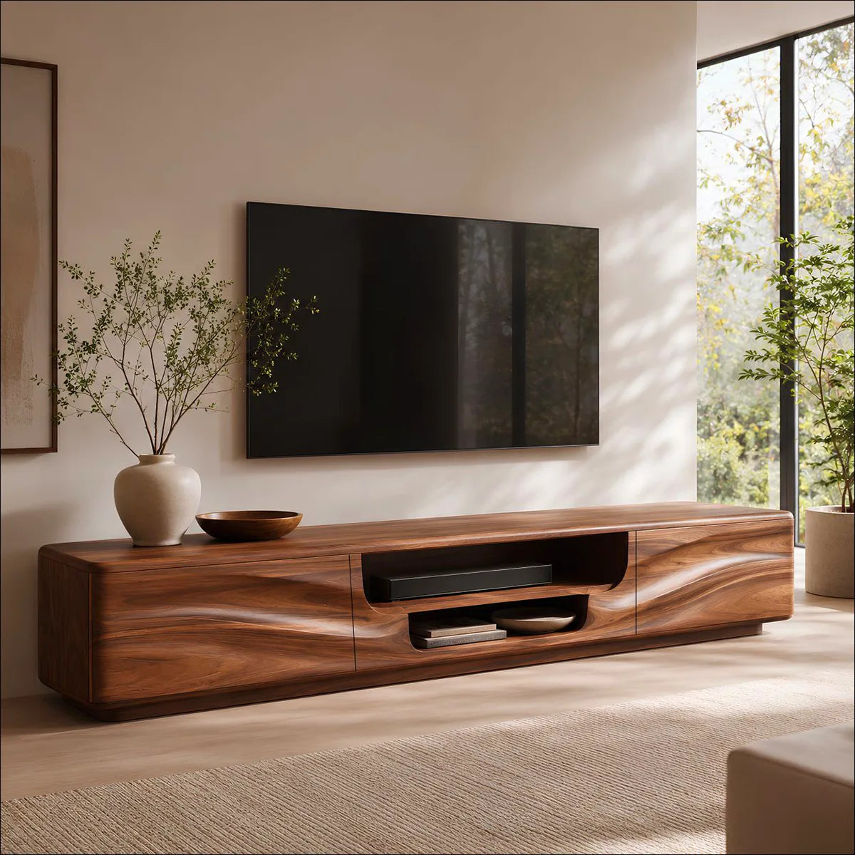 Organic Modern TV Stand with Dual Cabinets & Open Media Shelf | Modern Entertainment Console TT006-7DSN7TR