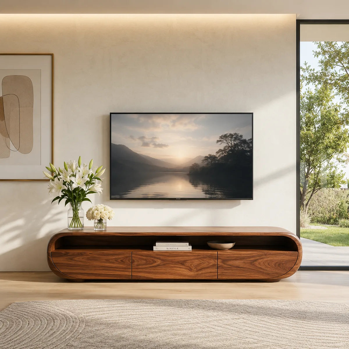 Organic Modern TV Stand with Open Shelf & 3 Drawers | Modern Media Console TT006-5REB7GU