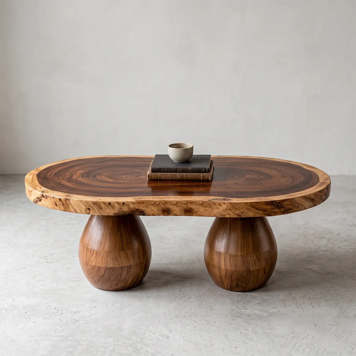 Live Edge Oval Solid Wood Coffee Table with Double Pedestal Base | Handcrafted Statement Table TT006-4285
