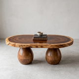Live Edge Oval Solid Wood Coffee Table with Double Pedestal Base | Handcrafted Statement Table TT006-4285
