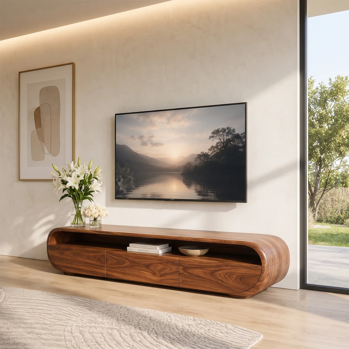 Organic Modern TV Stand with Open Shelf & 3 Drawers | Modern Media Console TT006-5REB7GU