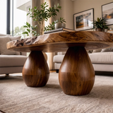Live Edge Oval Solid Wood Coffee Table with Double Pedestal Base | Handcrafted Statement Table TT006-4285