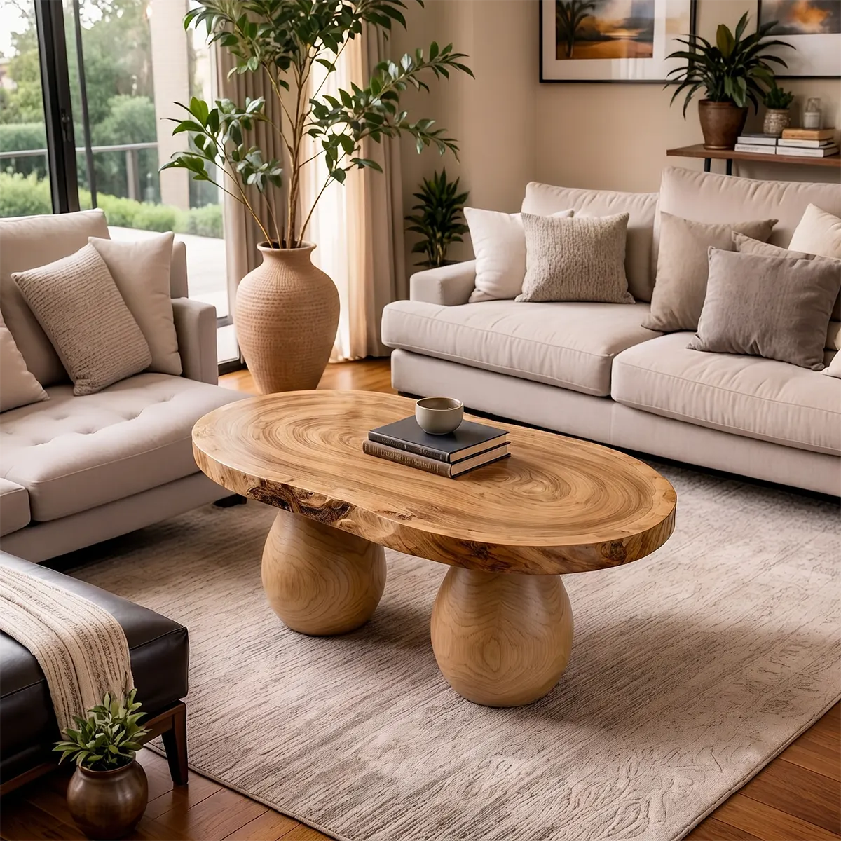 Live Edge Oval Solid Wood Coffee Table with Double Pedestal Base | Handcrafted Statement Table TT006-4285