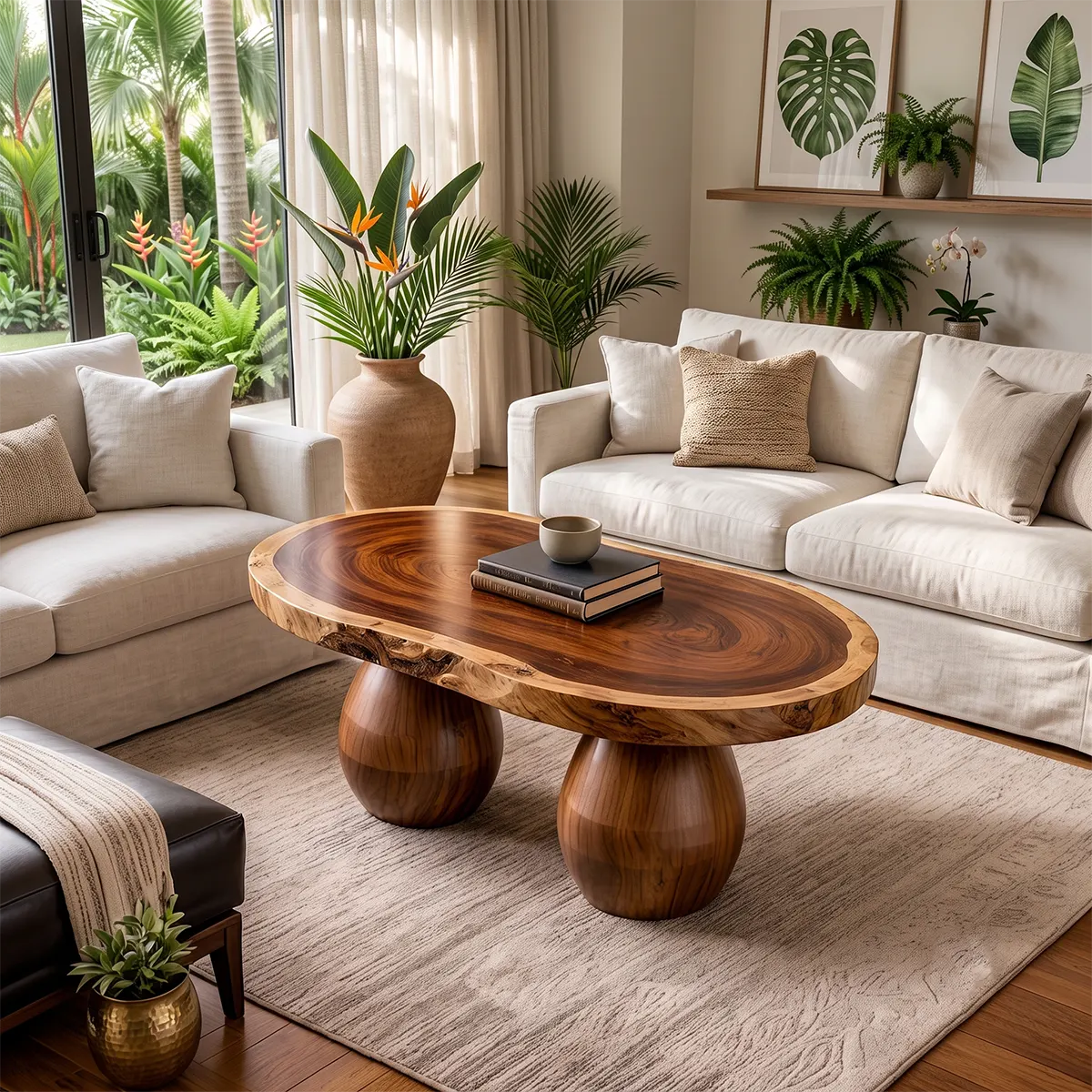 Live Edge Oval Solid Wood Coffee Table with Double Pedestal Base | Handcrafted Statement Table TT006-4285