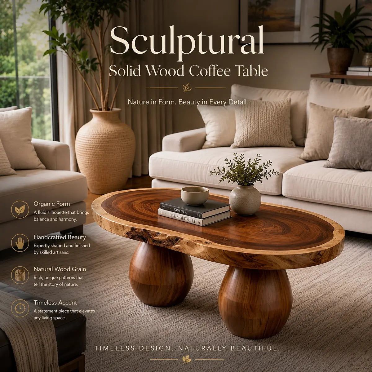 Live Edge Oval Solid Wood Coffee Table with Double Pedestal Base | Handcrafted Statement Table TT006-4285