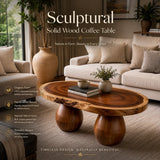Live Edge Oval Solid Wood Coffee Table with Double Pedestal Base | Handcrafted Statement Table TT006-4285
