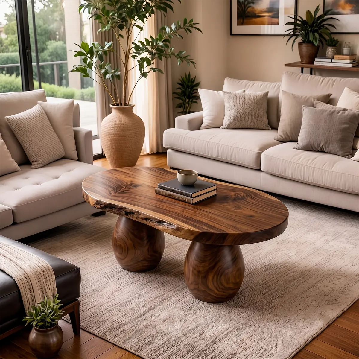 Live Edge Oval Solid Wood Coffee Table with Double Pedestal Base | Handcrafted Statement Table TT006-4285