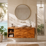 Floating Solid Wood Bathroom Vanity with Open Shelves & Hinged Cabinets | Wall Mounted Bathroom Vanity with Double-Door Storage TT006-4CCT8FL