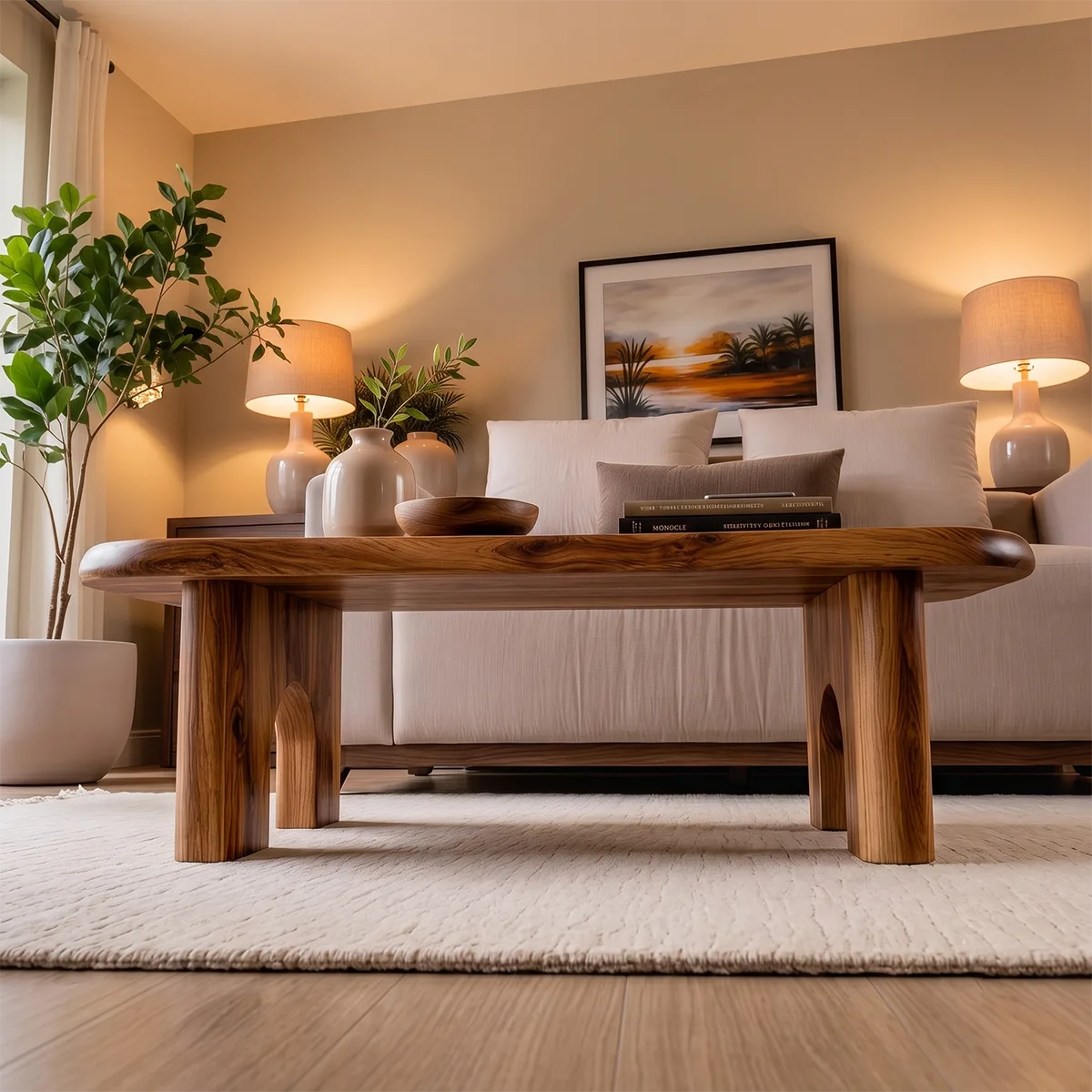Rounded Rectangle Solid Wood Coffee Table | Modern Minimalist Center Table for Living Room TT006-3891