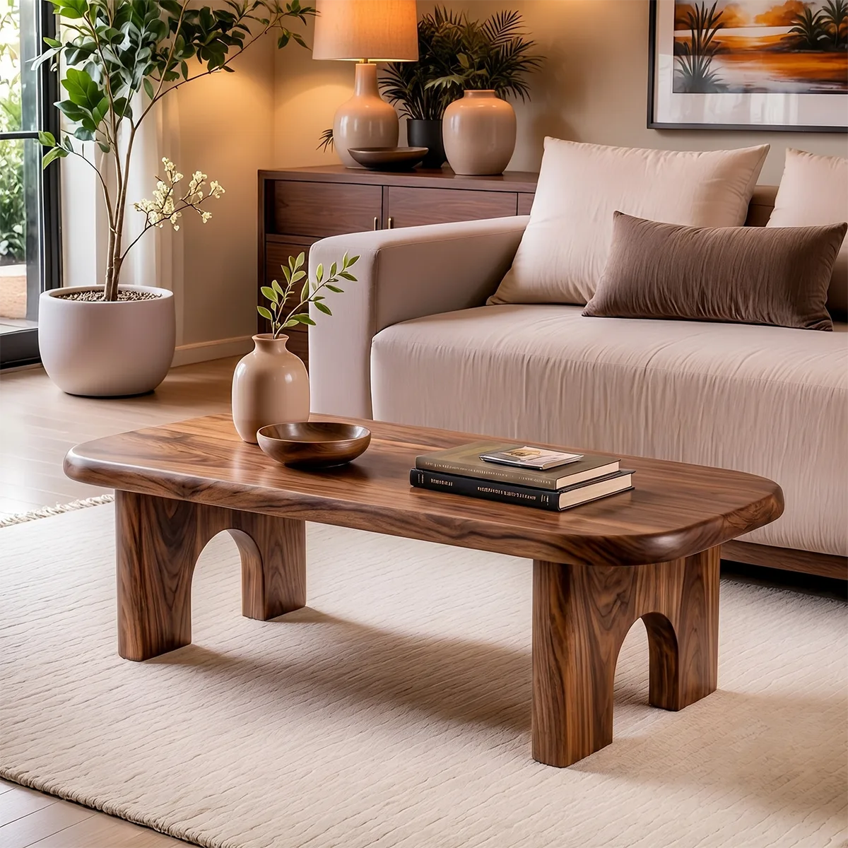 Rounded Rectangle Solid Wood Coffee Table | Modern Minimalist Center Table for Living Room TT006-3891