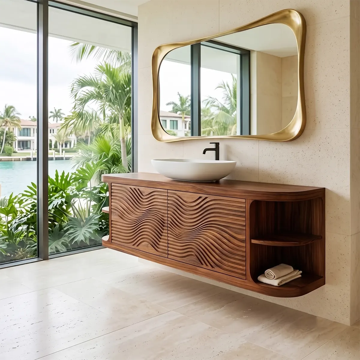 Floating Solid Wood Bathroom Vanity with Double-Door Cabinet & Open Shelves | Wall Mounted Bathroom Vanity with Wave Carved Doors TT006-3MZX2XI