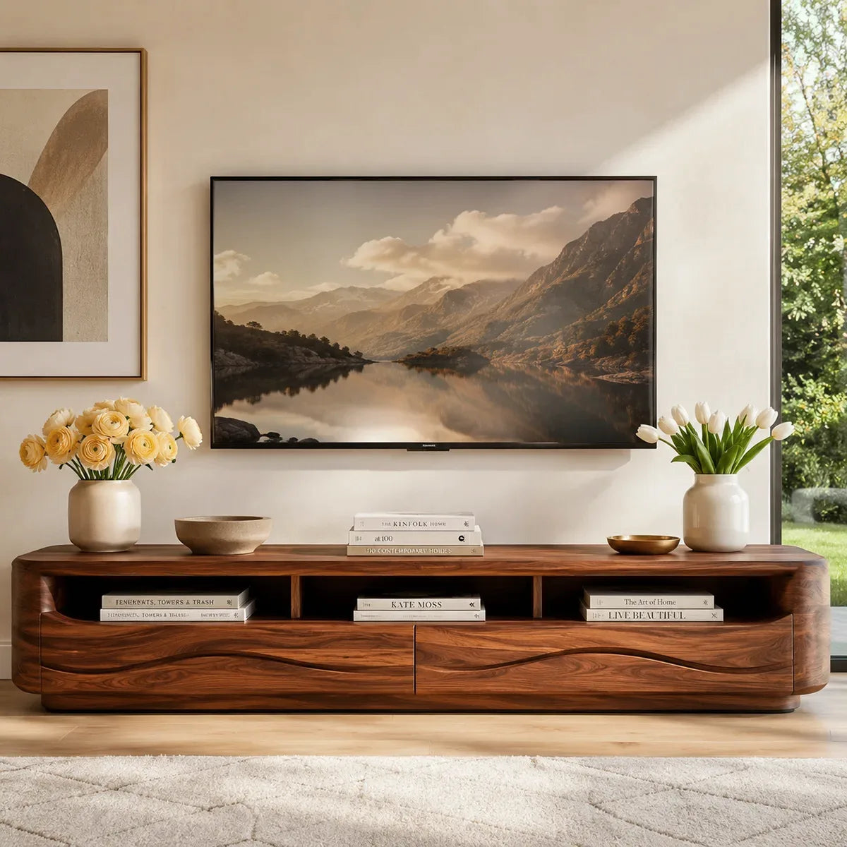 Organic Modern TV Stand with Open Shelves & 2 Drawers | Modern Media Console TT006-6HLG3MY