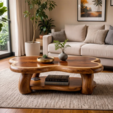 Organic Solid Wood Coffee Table with Storage Shelf | Freeform Modern Center Table TT006-7456