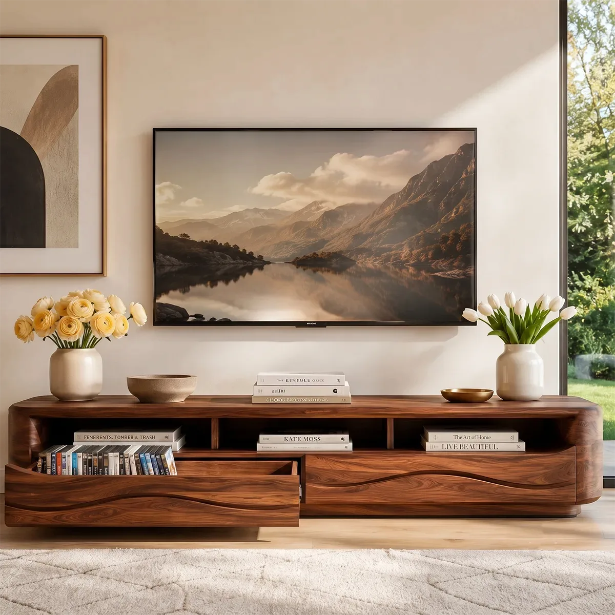 Organic Modern TV Stand with Open Shelves & 2 Drawers | Modern Media Console TT006-6HLG3MY