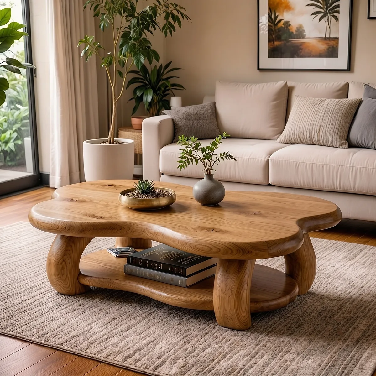 Organic Solid Wood Coffee Table with Storage Shelf | Freeform Modern Center Table TT006-7456