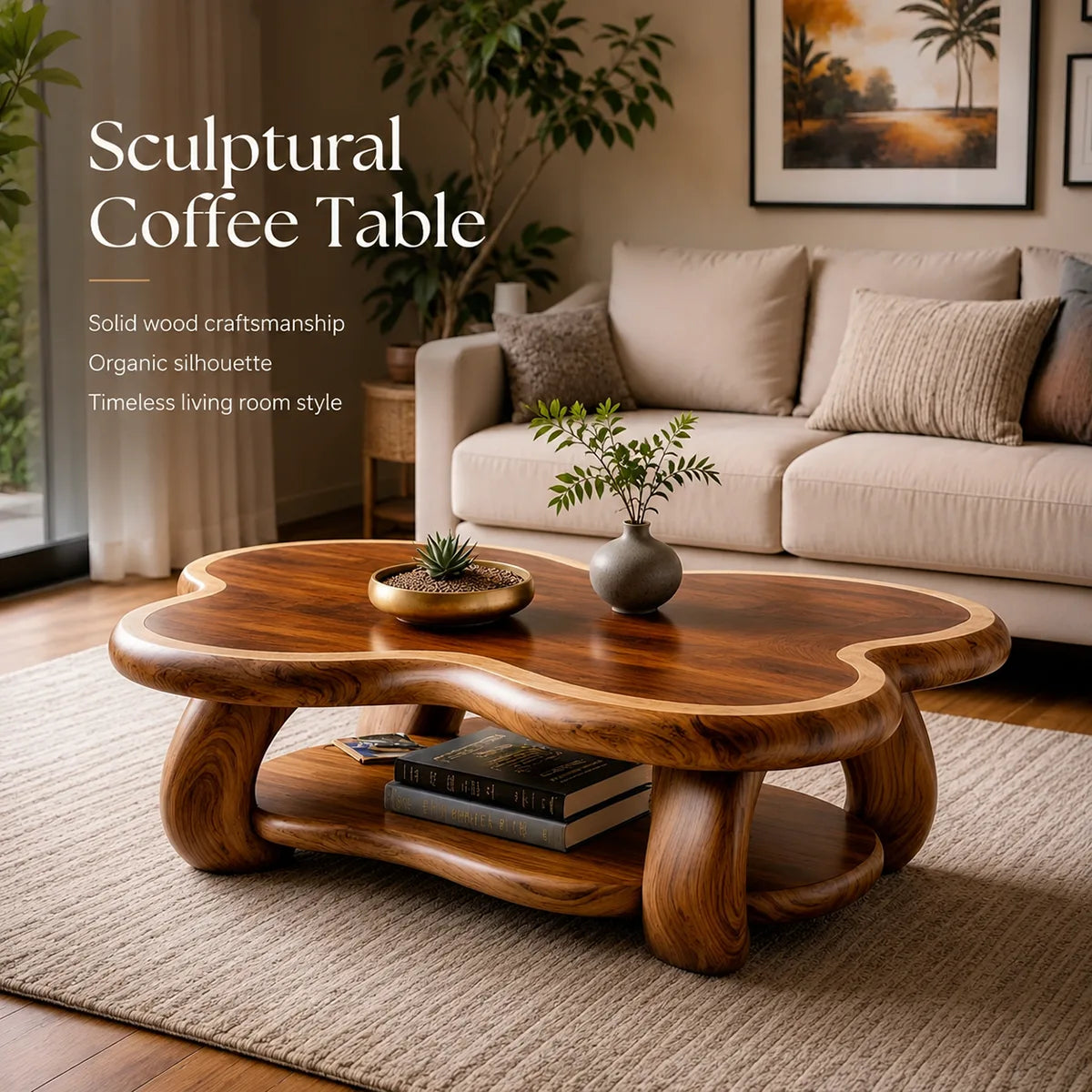 Organic Solid Wood Coffee Table with Storage Shelf | Freeform Modern Center Table TT006-7456