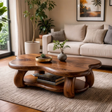 Organic Solid Wood Coffee Table with Storage Shelf | Freeform Modern Center Table TT006-7456