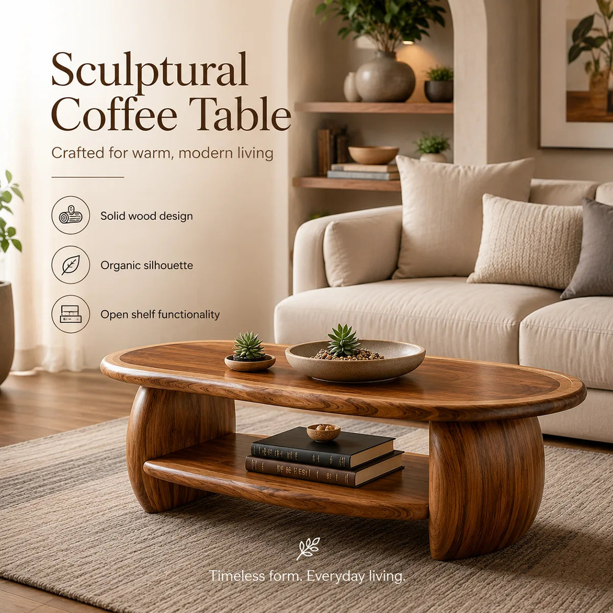 Oval Solid Wood Coffee Table with Storage Shelf | Modern Living Room Center Table TT006-1935