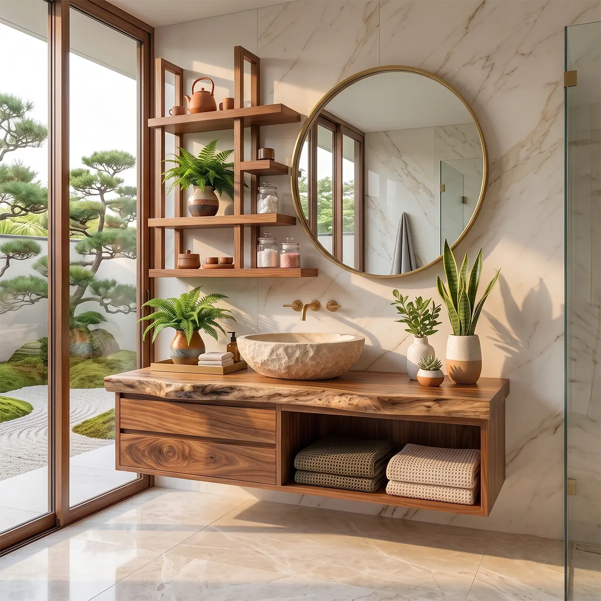 Floating Solid Wood Bathroom Vanity with Drawers & Open Shelf | Wall Mounted Bathroom Vanity with Live Edge Countertop TT006-5OAT6SE