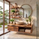 Floating Solid Wood Bathroom Vanity with Drawers & Open Shelf | Wall Mounted Bathroom Vanity with Live Edge Countertop TT006-5OAT6SE