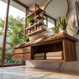 Floating Solid Wood Bathroom Vanity with Drawers & Open Shelf | Wall Mounted Bathroom Vanity with Live Edge Countertop TT006-5OAT6SE