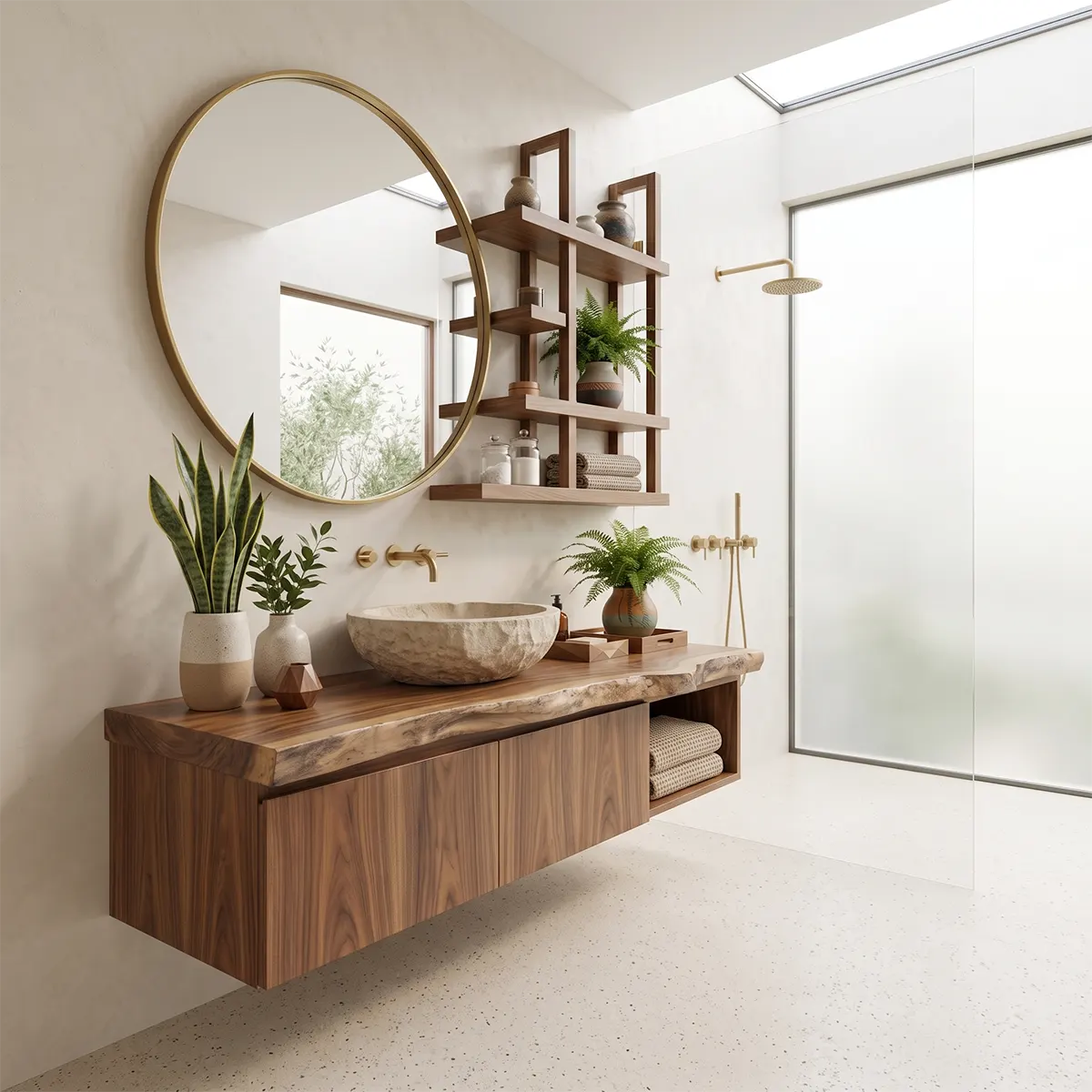 Floating Solid Wood Bathroom Vanity with Double-Door Cabinet & Open Shelf | Wall Mounted Live Edge Bathroom Vanity TT006-4KRU4XR