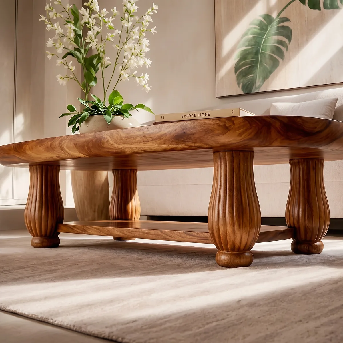 Oval Solid Wood Coffee Table with Storage Shelf | Mid Century Modern Living Room Table TT006-9169