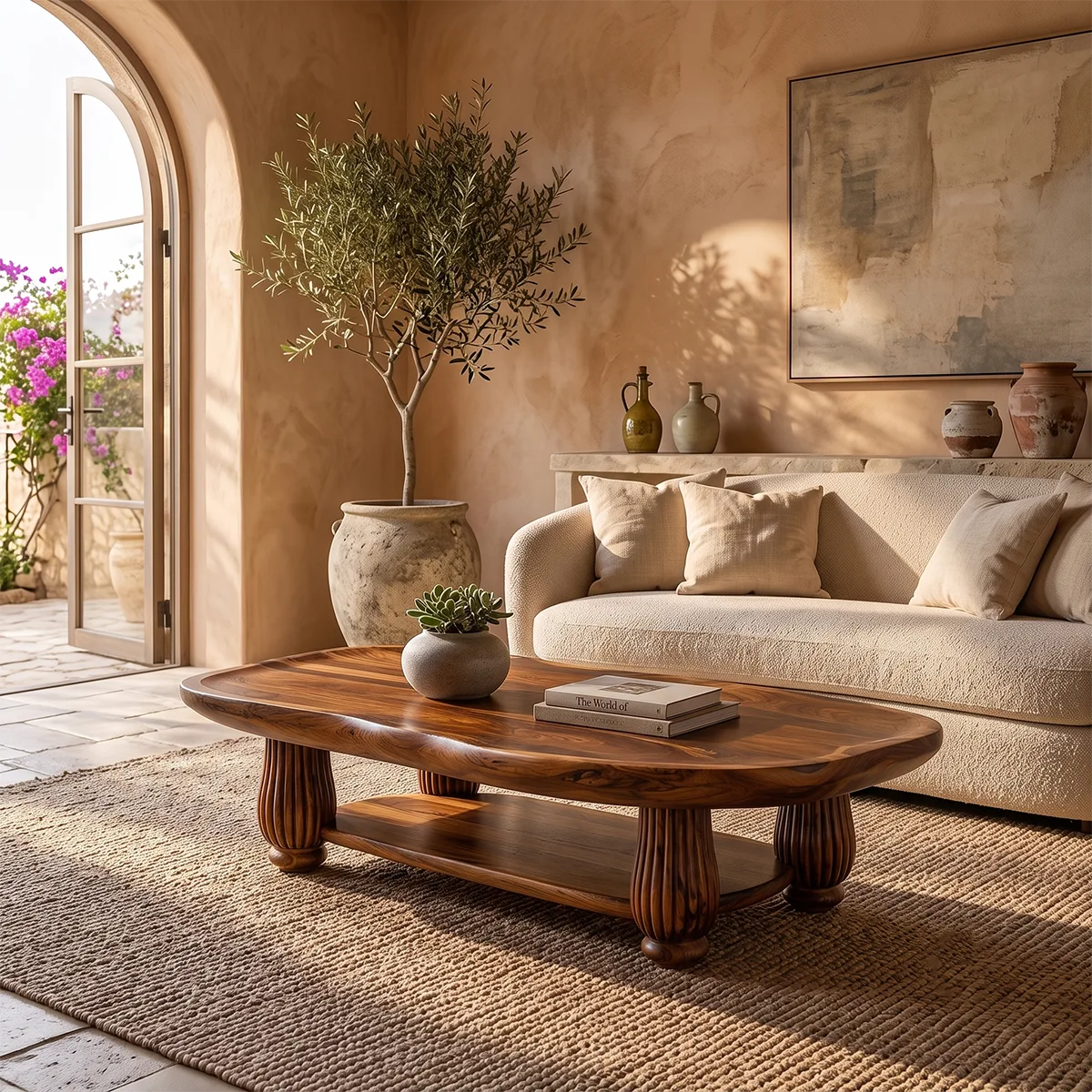 Oval Solid Wood Coffee Table with Storage Shelf | Mid Century Modern Living Room Table TT006-9169
