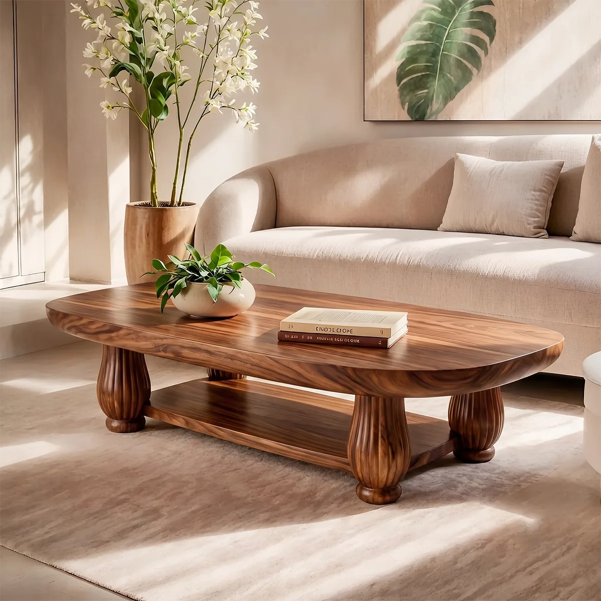 Oval Solid Wood Coffee Table with Storage Shelf | Mid Century Modern Living Room Table TT006-9169