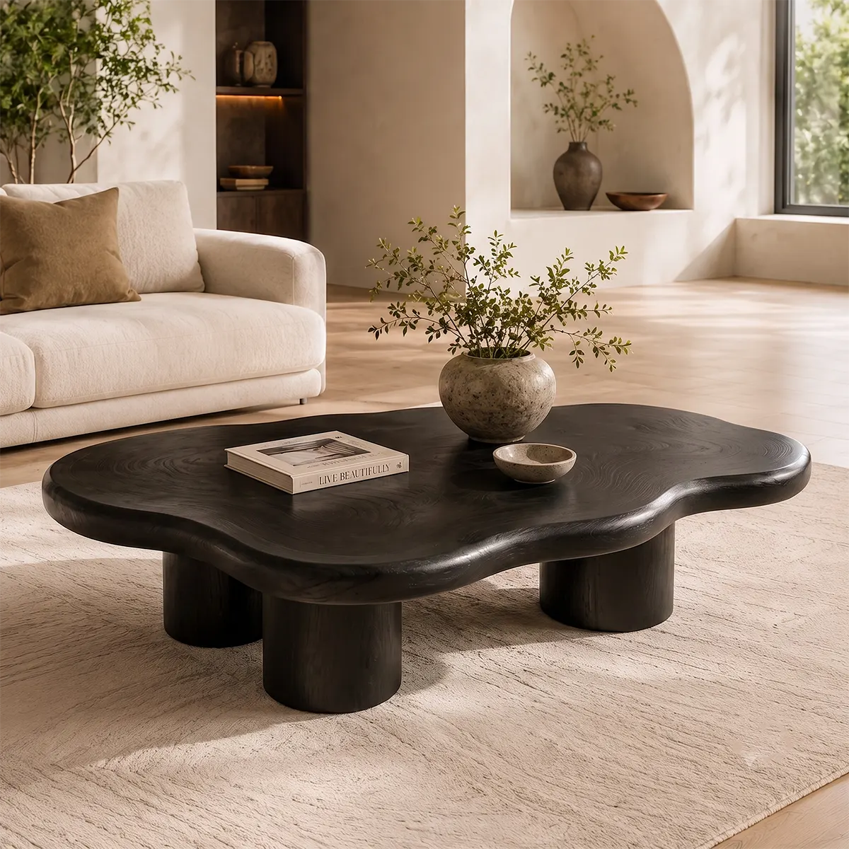 Modern Solid Wood Coffee Table with Organic Freeform Top & Chunky Pedestal Legs TT006-8265