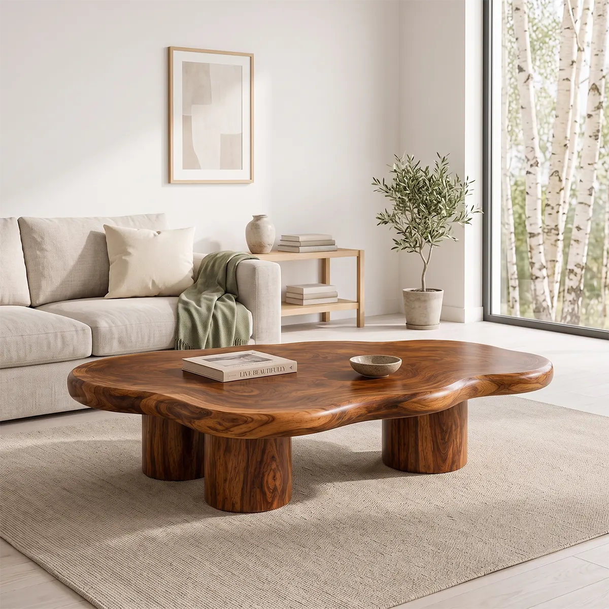 Modern Solid Wood Coffee Table with Organic Freeform Top & Chunky Pedestal Legs TT006-8265