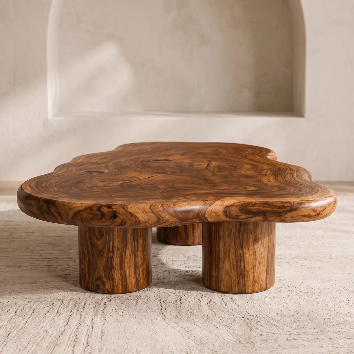 Modern Solid Wood Coffee Table with Organic Freeform Top & Chunky Pedestal Legs TT006-8265