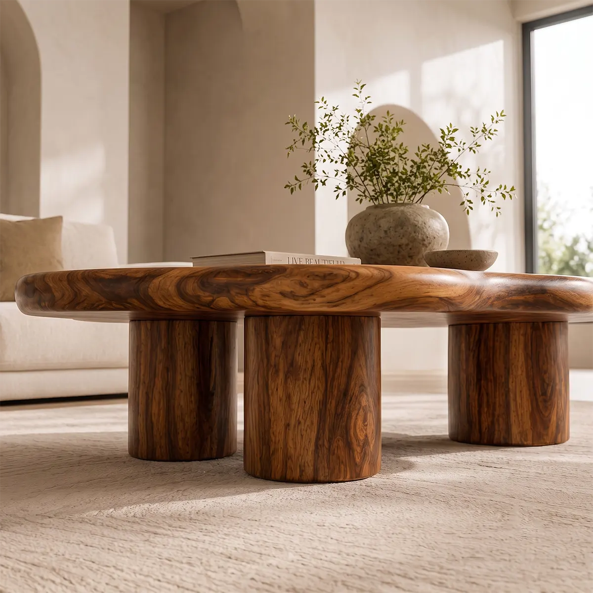 Modern Solid Wood Coffee Table with Organic Freeform Top & Chunky Pedestal Legs TT006-8265