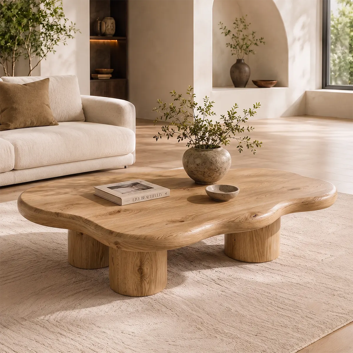 Modern Solid Wood Coffee Table with Organic Freeform Top & Chunky Pedestal Legs TT006-8265