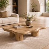 Modern Solid Wood Coffee Table with Organic Freeform Top & Chunky Pedestal Legs TT006-8265