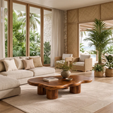 Modern Solid Wood Coffee Table with Organic Freeform Top & Chunky Pedestal Legs TT006-8265