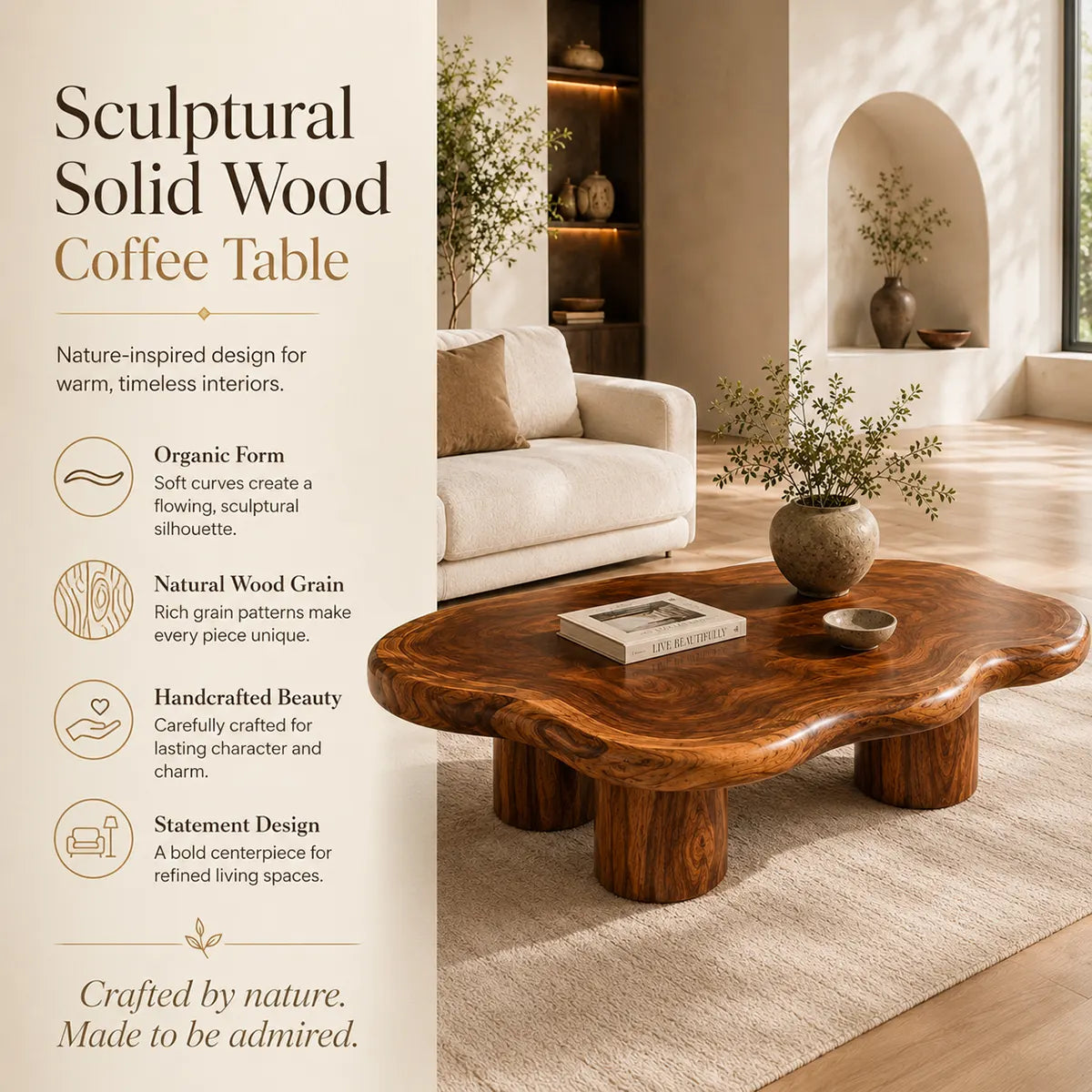 Modern Solid Wood Coffee Table with Organic Freeform Top & Chunky Pedestal Legs TT006-8265