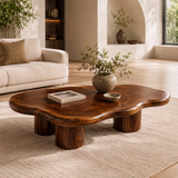 Modern Solid Wood Coffee Table with Organic Freeform Top & Chunky Pedestal Legs TT006-8265