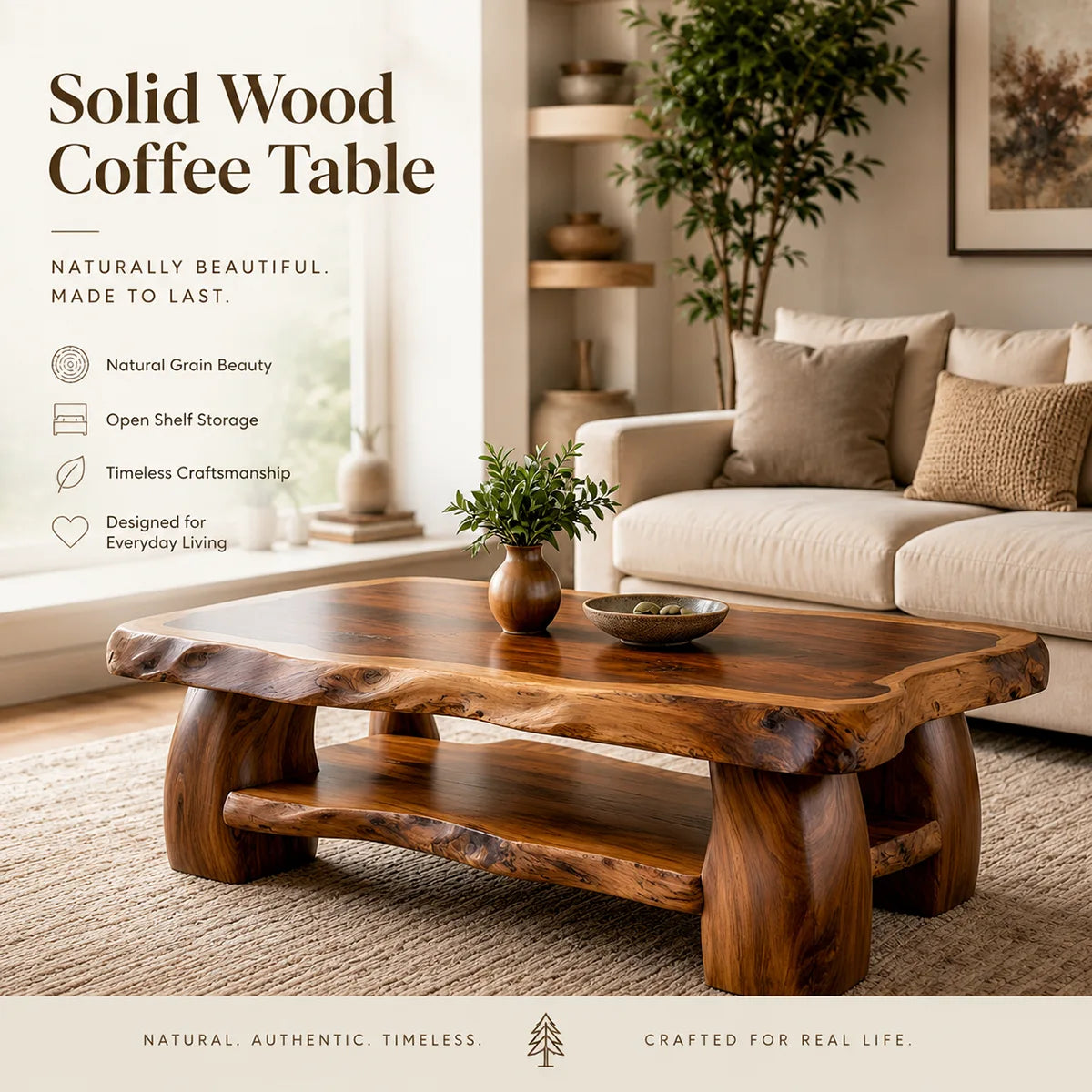 Live Edge Solid Wood Coffee Table with Storage Shelf | Rustic Modern Living Room Table TT006-3814