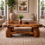 Live Edge Solid Wood Coffee Table with Storage Shelf | Rustic Modern Living Room Table TT006-3814