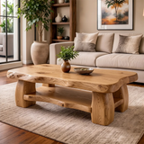 Live Edge Solid Wood Coffee Table with Storage Shelf | Rustic Modern Living Room Table TT006-3814