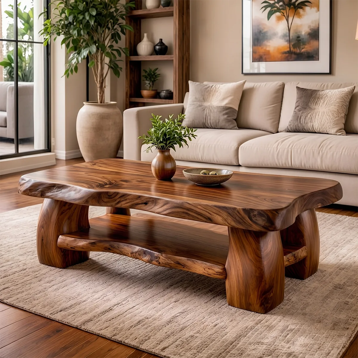 Live Edge Solid Wood Coffee Table with Storage Shelf | Rustic Modern Living Room Table TT006-3814