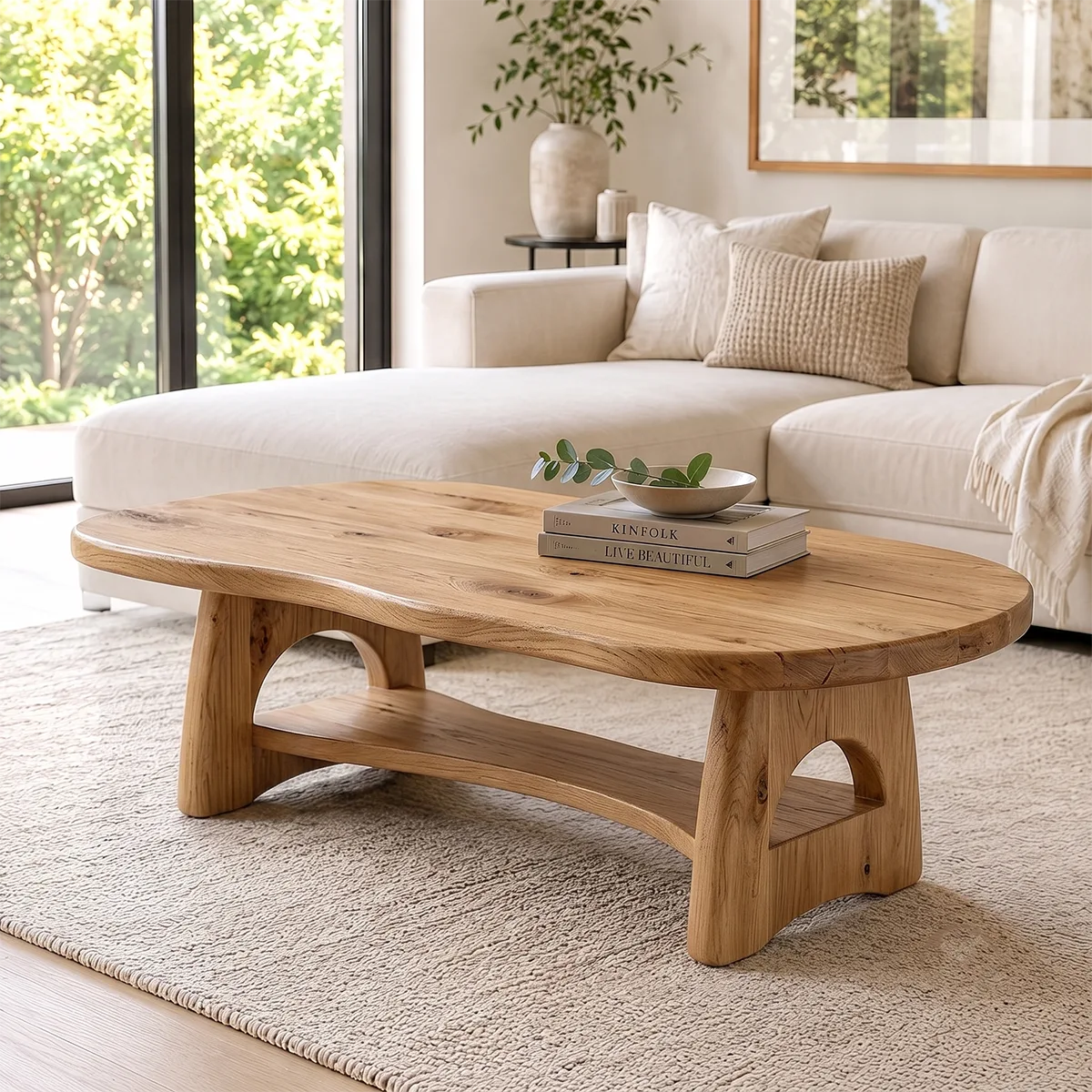 Organic Solid Wood Coffee Table with Storage Shelf | Modern Living Room Center Table TT006-4423