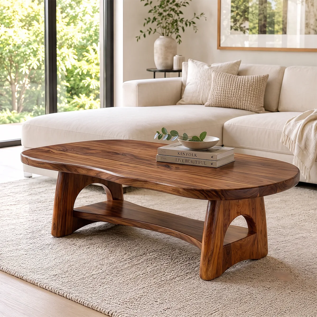 Organic Solid Wood Coffee Table with Storage Shelf | Modern Living Room Center Table TT006-4423