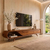 Sculptural Curved TV Stand with 2 Concealed Storage Compartments & Open Shelf | Modern Media Console