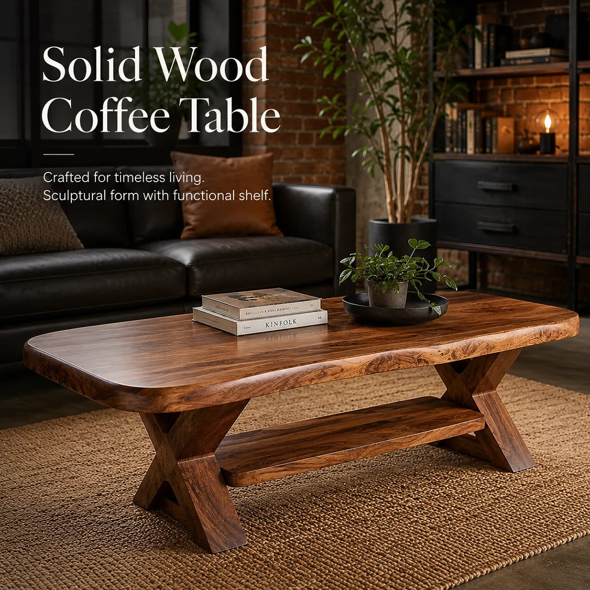 Modern Solid Wood Coffee Table with Storage Shelf | Rustic Living Room Center Table TT006-2270