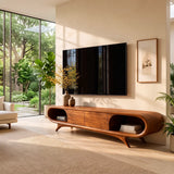 Sculptural Curved TV Stand with 2 Concealed Storage Compartments & Open Shelves | Modern Media Console