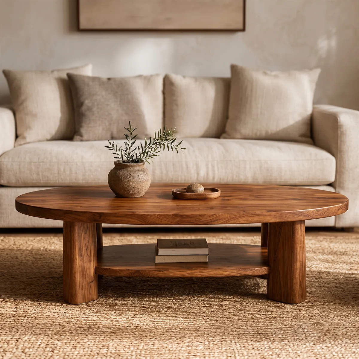 Oval Solid Wood Coffee Table with Storage Shelf | Modern Living Room Center Table TT006-2154