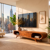 Sculptural Curved TV Stand with 2 Concealed Storage Compartments & Open Shelves | Modern Media Console